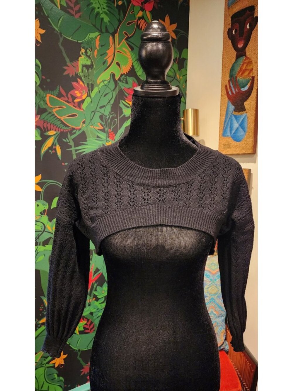 Black Knit Bolero Shrug Sweater With Puffy Sleeves & Crochet Detailing One Size